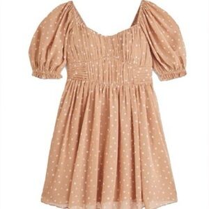 Abercrombie & Fitch Tan Polka Dot Ruched Puff Sleeve Mini Dress Medium NWT